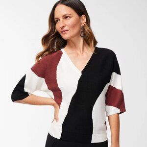 Chico's Women's "Intarsia Chianti" Red Cream Print Crewneck 1/2 Sleeve Sweater L